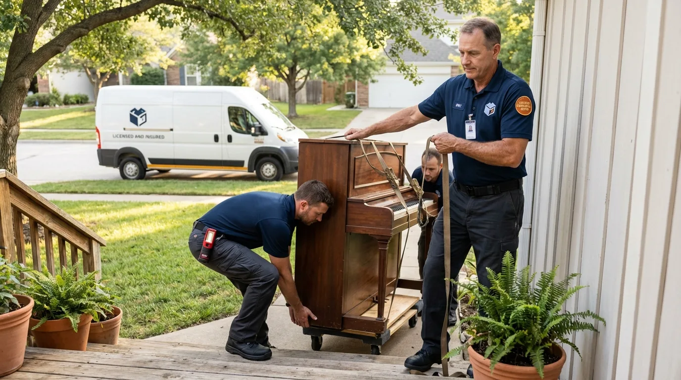 Licensed piano movers securing grand piano in Natchitoches, LA