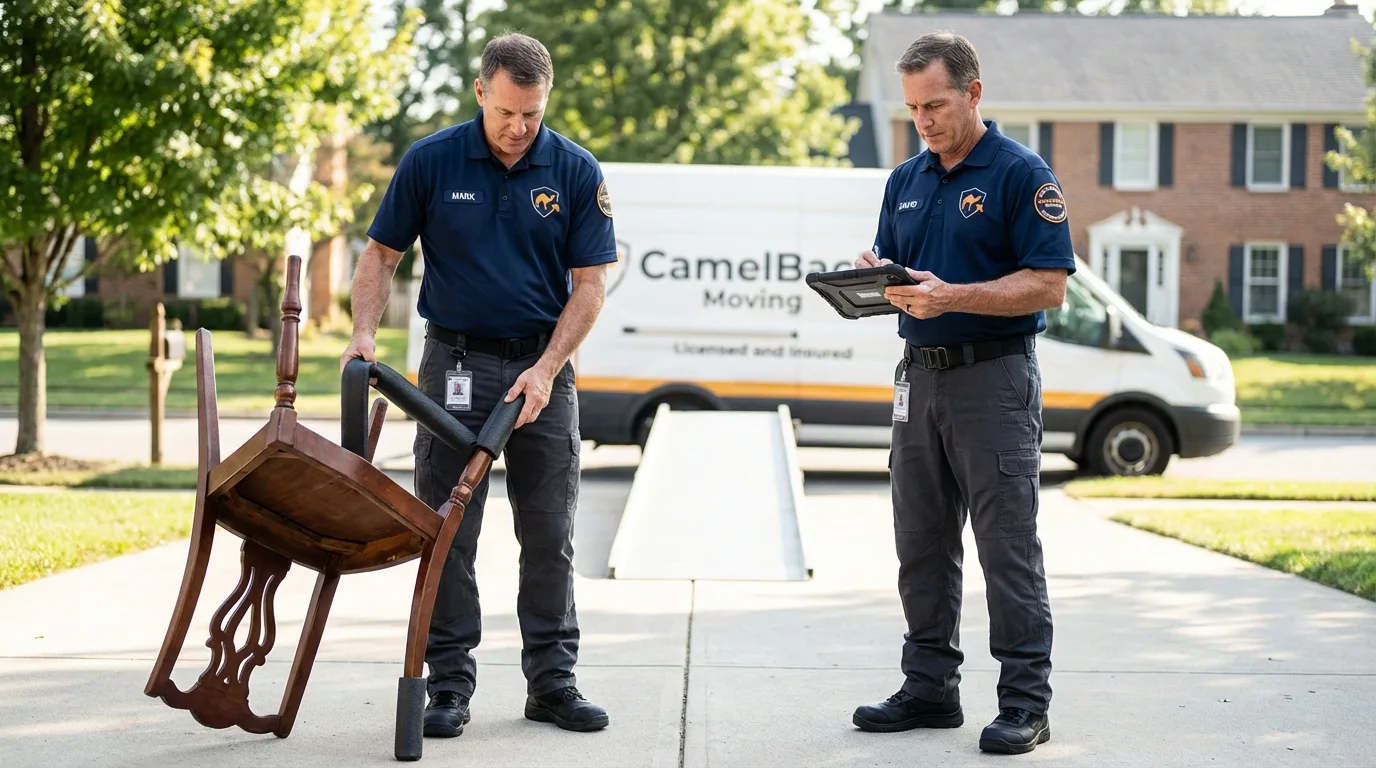 Movers inspecting furniture for damage prevention before loading in Natchitoches, LA